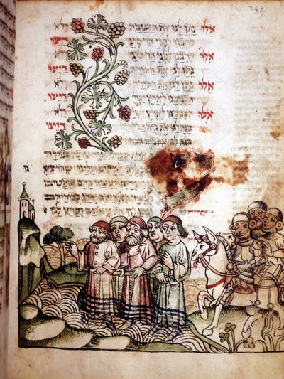 Raamatun kohtaus: Juutalaiset ylittävät Punaisen meren. Machazorin sivu, rukouskirja hepreaksi. käsikirjoitus sd. tekijältä School Jewish