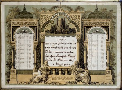 Muistokalenteri kuolleen lähisukulaisen tulevaisuuden ruumispalveluista. Jahrzeitin maalaus. Juutalainen museo Basel, Sveitsi. tekijältä School Jewish