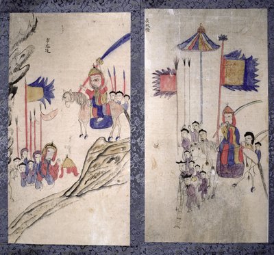 Paneeli kahdeksankertaisesta kuvaruudusta, joka kuvaa tarinaa kolmesta valtakunnasta (luonnonpigmentit paperille). tekijältä School Korean
