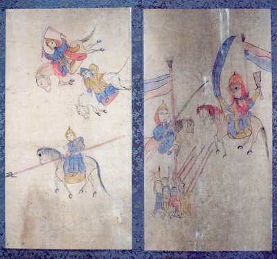 Paneeli kahdeksankertaisesta kuvaruudusta, joka kuvaa tarinaa kolmesta valtakunnasta (luonnonpigmentit paperille). tekijältä School Korean