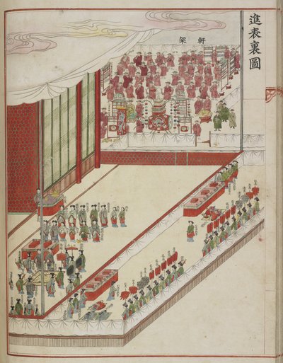 Korean hovirituaali. Sivu hovikäsikirjoituksesta, joka esittää lady Hyegyongin ja kruununprinssi Sadon avioliiton 60-vuotispäivää vuonna 1749. tekijältä School Korean