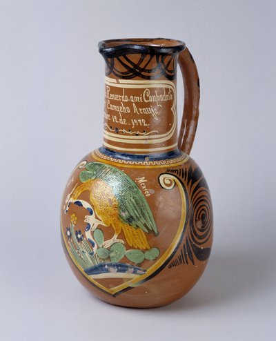 Kansantaide: Pulque-purkki (ferment agave-alkoholi) maalattua ja lakattua terrakottaa, Meksikosta. 1972 Valley Museum, Barcelonnette (Alpes de Haute Provence) tekijältä School Mexican