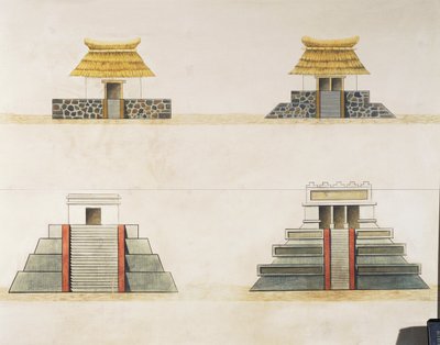 Historiallinen rakennusten jälleenrakennus Tenochtitlanissa (väri litho) tekijältä School Mexican