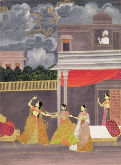Yöllä myrskystä tuotu nainen: kuvitus musiikillisesta tilasta Madhu Madhavi, n. 1760 (guassi paperilla) tekijältä School Mughal