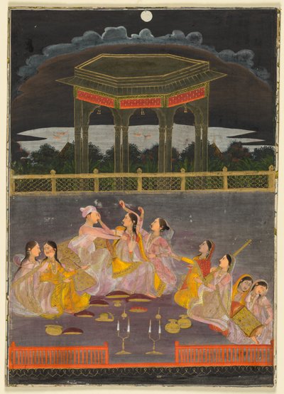 Prinssi juhlii Holi-juhlaa palatsin naisten kanssa terassilla yöllä, noin 1760 (peittävä akvarelli ja kulta paperille). tekijältä School Mughal