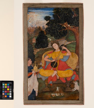 Istuva nainen soittaa vinaa, jota palvelija odottaa, n. 1590 (läpinäkymätön akvarelli ja kulta paperilla) tekijältä School Mughal