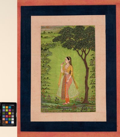 Nainen seisoo puun vieressä, kädessään kukka, n. 1720 (läpinäkymätön w/c ja kultaa paperilla) tekijältä School Mughal