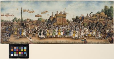 Akbar Shah II ratsastaa norsulla valtavassa kulkueessa, n. 1835 (läpinäkymätön akvarelli ja kulta norsunluun päällä) tekijältä School Mughal