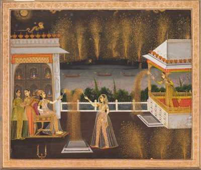 Diwalia juhlivat naiset, noin 1760 (peittävä akvarelli ja kulta paperille). tekijältä School Mughal