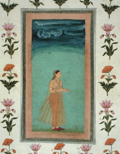 Nainen pitelee kukkaa, Pieni Clive-albumista (peittävä akvarelli paperille). tekijältä School Mughal