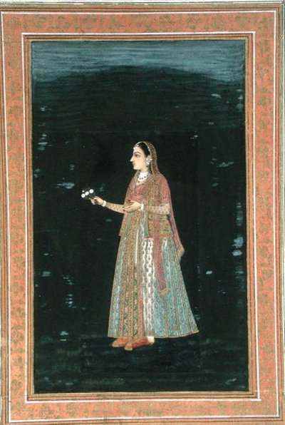 Nainen pitelee kukkia, Small Clive Albumista (läpinäkymätön akvarelli paperille) tekijältä School Mughal