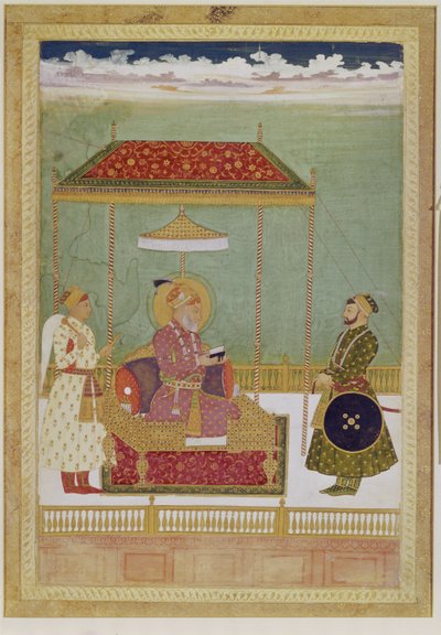 Shah Aurangzebin muotokuva miehen kanssa, mahdollisesti Ashraf Khan, 1700-luvun alku (läpinäkymätön vesiväri, muste ja kulta paperilla) tekijältä School Mughal