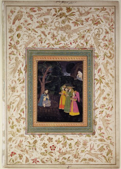 Balkhin sulttaani Ibrahim Adham enkelien kanssa, Johnson Album VI, nro 5, n. 1770-1780 (guassi kultaisella albumin lehdellä) tekijältä School Mughal