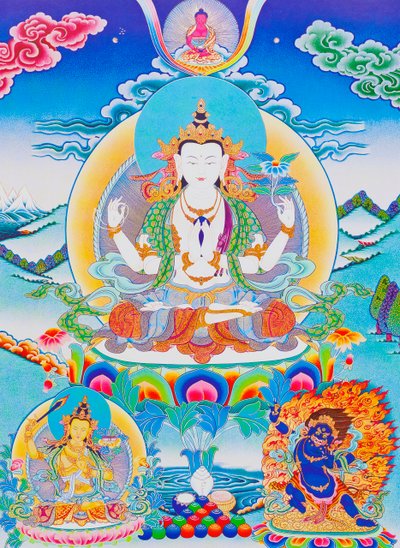 Kuva Chenresistä, kuuden tavun herrasta "Om Mani Padme Hum" (guassi kankaalla) tekijältä School Nepalese
