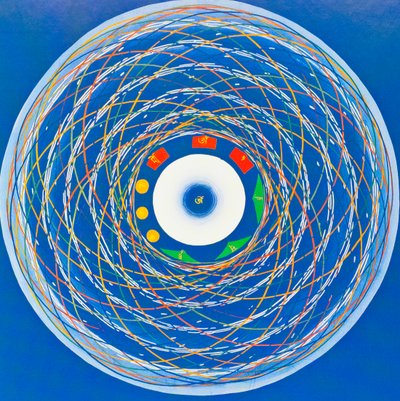 Om cosmo Mandala, joka kuvaa kokonaisuutta, yhtenäisyyttä ja uudistumista (guassi kankaalla) tekijältä School Nepalese