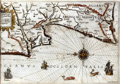 Cape Sagres (tai pyhä niemi) Portugalin lopussa Luca J. Waghenaerin Leidenissä vuonna 1592 painettu zeevaert Treesor portulanin mukaan tekijältä School Netherlandish