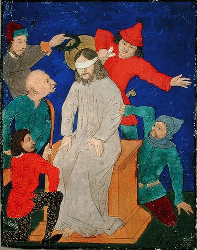 Christ Mocked (guassi ja musta muste ja maali pergamentille) tekijältä School Netherlandish