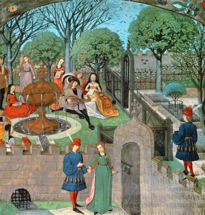 Harl 4425 f.12v Puutarhakuvaus, rakastaja ja rouva Oyseuse (joukko) puutarhan seinien ulkopuolella, "Roman de la Rose" -rakennuksesta, Bruggesta, n. 1490-1500 (vellum) tekijältä School Netherlandish