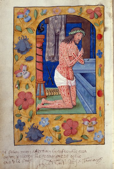 Kings 9 f.231v Kristus polvistuu avoimen haudan luona (vellum) tekijältä School Netherlandish