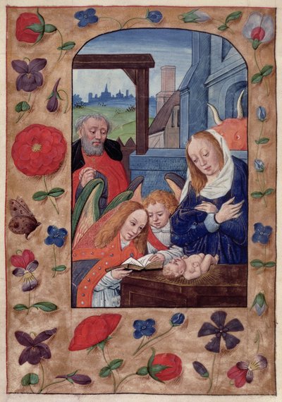 Kings 9 f.93v Syntymä, Tuntien kirjasta (vellum) tekijältä School Netherlandish