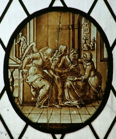 Roundel: Tobias parantui sokeudesta, luultavasti 1800-luvulta (lasimaalaus) tekijältä School Netherlandish