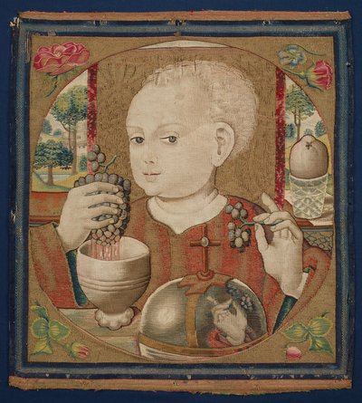Kristus-vauva puristamassa eukaristian viiniä, n. 1500 (pellavaloimi, villa, silkki ja kullatut kudelangat) tekijältä School Netherlandish
