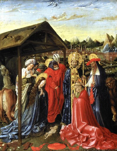 Syntymä SS:n kanssa. Sixtus (?) ja Jerome ja kardinaali (öljy paneeliin) tekijältä School Netherlandish