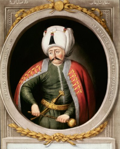Ottomaanien valtakunta: muotokuva yhdeksännestä ottomaanien sulttaani Selim I:stä sanoo kauhea tai julma (1470-1520). Miniatyyri. Topkapi Sarayi Istanbulin kirjasto tekijältä School Ottoman