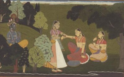 51.207/11 Luottamusmies rukoilee Radhaa tapaamaan Krishnaa, kuva "Gita Govinda" -sarjasta, Basohli, Himachal Pradesh tekijältä School Pahari