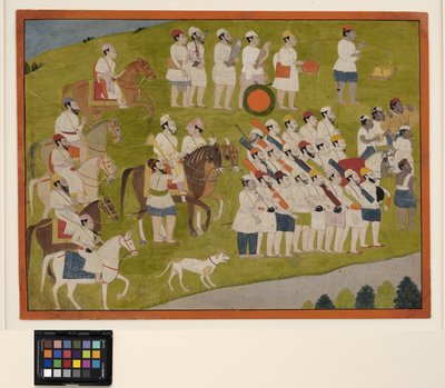 Bhoti-prinssi valmistautuu metsästykseen, n. 1800 (läpinäkymätön w/c paperilla) tekijältä School Pahari