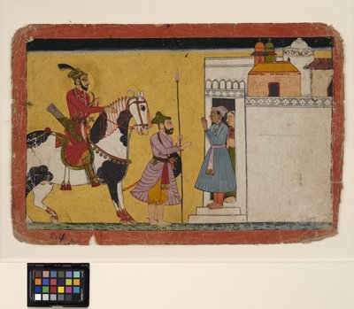 Metsästävä prinssi pysähtyy kodin ovella, n. 1700 (läpinäkymätön w/c ja kultaa paperilla) tekijältä School Pahari