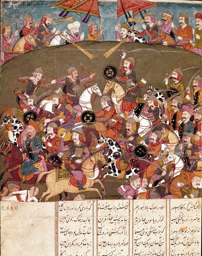 Islamilainen taide: taistelukohtaus. Persialainen miniatyyri Ferdowsin (Firdawsi tai Ferdawsi tai Firdousi) eeppisen runon "Shahnameh" (Shah Nama, Shahnama) (Kuninkaiden kirja) käsikirjoituksesta, n. 940 - noin 1020 tekijältä School Persian
