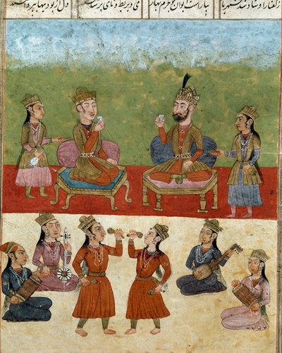 Islamilainen taide: konsertti ja viihde haaremissa. Persialainen miniatyyri Ferdowsin (Firdawsi tai Ferdawsi tai Firdousi) eeppisen runon "Shahnameh" (Shah Nama, Shahnama) (Kuninkaiden kirja) käsikirjoituksesta, n. 940 - noin 1020 tekijältä School Persian