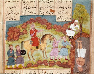 Islamilainen taide: kohtaus vihollisen kidutuksesta, elävältä hautaaminen puun juureen. Persialainen miniatyyri Ferdowsin (Firdawsi tai Ferdawsi tai Firdousi, noin 940 - noin 1020) Bi eeppisen runon "Shahnameh" (Shah Nama, Shahnama) (Kuninkaiden kirja) käs tekijältä School Persian