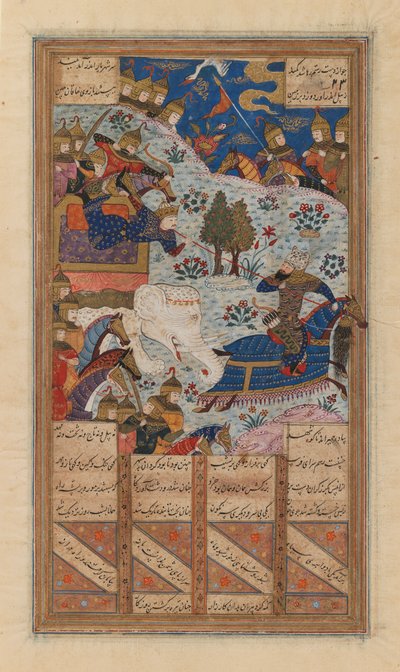 Rustum Lassoes the Khagan of China, folio Ferdowsin Shahnaman käsikirjoituksesta (muste, läpinäkymätön akvarelli ja kulta paperille) (katso myös 364076) tekijältä School Persian