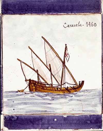 Portugalin laivaston karavellin esitys (piirustus keramiikasta (azulejo) tekijältä School Portuguese