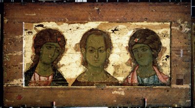 Kristus Emmanuel arkkienkelit Mikaelin ja Gabrielin ympäröimänä (Kristus Emmanuel arkkienkelit Mikaelin ja Gabrielin kanssa). Venäläinen ikoni, tempera puulla, 1100-luvun loppu. Vladimirin taide (Venäjä). Valtion Tretjakovin galleria, Moskova (Venäjä). tekijältä School Russian