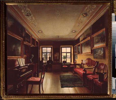 Huoneessa. (Kaksi miestä keskustelemassa huoneen ikkunan edessä, jossa on piano, maalauksia koristeltu). Venäläisen mestarin maalaus, öljy kankaalle, noin 1830. Venäläistä taidetta tekijältä School Russian
