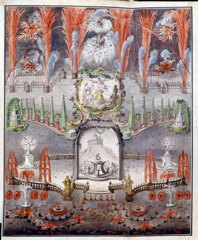Ilotulitus ja valaistus 17. syyskuuta 1747 Gostilitsyssä (Venäjä). Nimetön työ, akvarellivärinen kuparikaiverrus, 1700-luvun puoliväli. venäläistä taidetta tekijältä School Russian