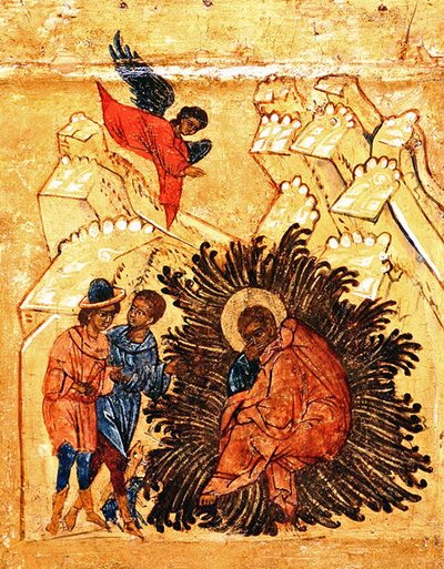 Pyhän Joosefin unta esittävä ikoni, noin 1550 (tempera ja lehtikulta paneelille) (yksityiskohta kuvasta 314500). tekijältä School Russian