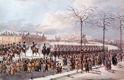 Vuonna 1825 Dekabristien kapina (dekabristit) Nikolai I:n tulevaisuudessa saadakseen uuden perustuslain. Kaiverrus vuodelta 1830. Pietari. Eremitaasin kirjasto tekijältä School Russian
