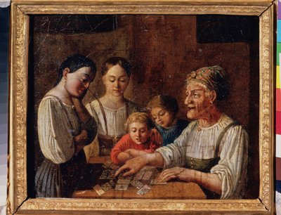 Ennustaja. (Vanha nainen ennustaa tulevaisuutta korteissa). Venäläisen mestarin maalaus, öljy pahville, 1800-luvun alku. Venäjän valtionmuseo, Pietari. tekijältä School Russian