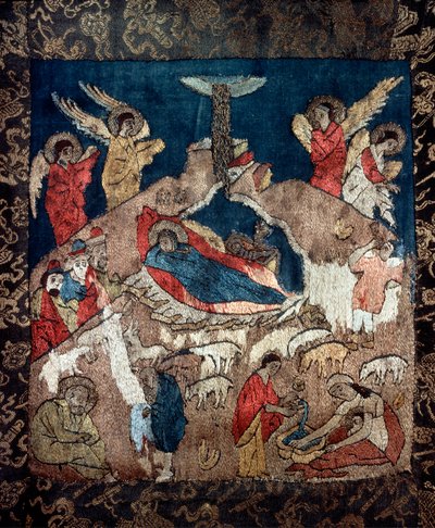 La nativite (syntymä) - Yksityiskohta venäläisen mestarin käärinliinasta, villasta, silkistä sekä kulta- ja hopealangoista tekijältä School Russian