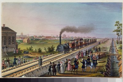 Ensimmäisen junan saapuminen Pietarista Tsarskoje Seloon 30.10.1837. Venäläisen mestarin työ, akvarelli paperille tekijältä School Russian