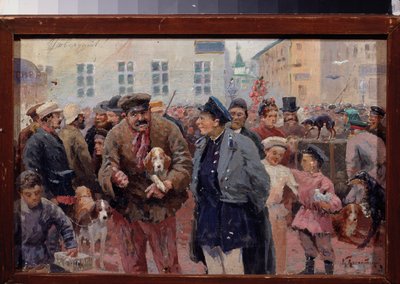 Eläinmarkkinat Trubnaja-aukiolla Moskovassa. (Joukko häkkien ja lemmikkimyyjien välillä). Venäläisen mestarin työ, öljy kankaalle, 1800-luvun toinen puoli. Valtion kirjallisuuden keskusmuseo, Moskova. tekijältä School Russian