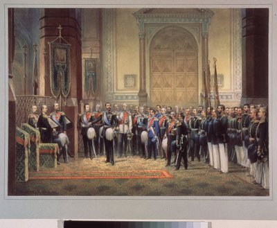Venäjän Tsarevitš Nikolai Aleksandrovitš Romanovin (1843-1865) uskollisuusvala armeijan kirkossa. Venäläisen mestarin työ, akvarelli paperille tekijältä School Russian