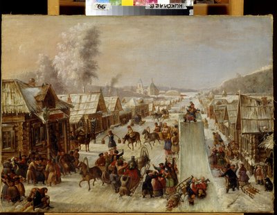Mardi Gras (laskaaisjuhla). Perinteisten juhlien ja suosittujen riemujen kohtaus pikkukaupungin lumisella kadulla, jossa on puutaloja. Kelkkarata on rakennettu ja asukkaat juovat ja tervehtivät toisiaan iloisina. anonyymi maalaus, tekijältä School Russian