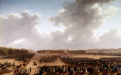 Paraati Champs de Marsilla, etualalla Aleksanteri Pushkin (Pushkin) (1799-1837) ja Nikolai I (1796-1855) hevosella imperatriisin eteen vaunuissa Pariisissa Venäläisen koulun maalaus. 1825-1830. Pietari, museo tekijältä School Russian