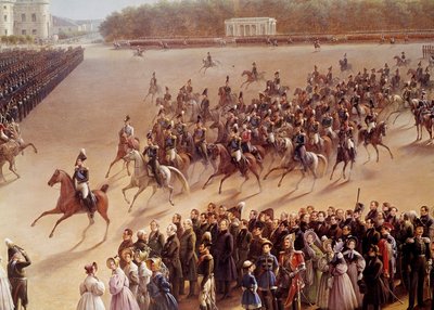 Paraati Champs de Marsilla, etualalla Alexandre Pushkin (Pushkin) (1799-1837) ja Nikolai I (1796-1855) hevosella menossa imperatriisin eteen vaunuissa Paris Detailissa. Venäläisen koulun maalaus. 1825-1830. Pietari, M tekijältä School Russian