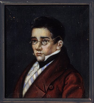 Muotokuva näytelmäkirjailija Aleksandr Sergejevitš Gribojedovista (Aleksandri S. Gribojedov) (1795-1829). Venäläisen mestarin työ, akvarelli ja guassi sarvessa, noin 1820. Venäläistä taidetta tekijältä School Russian